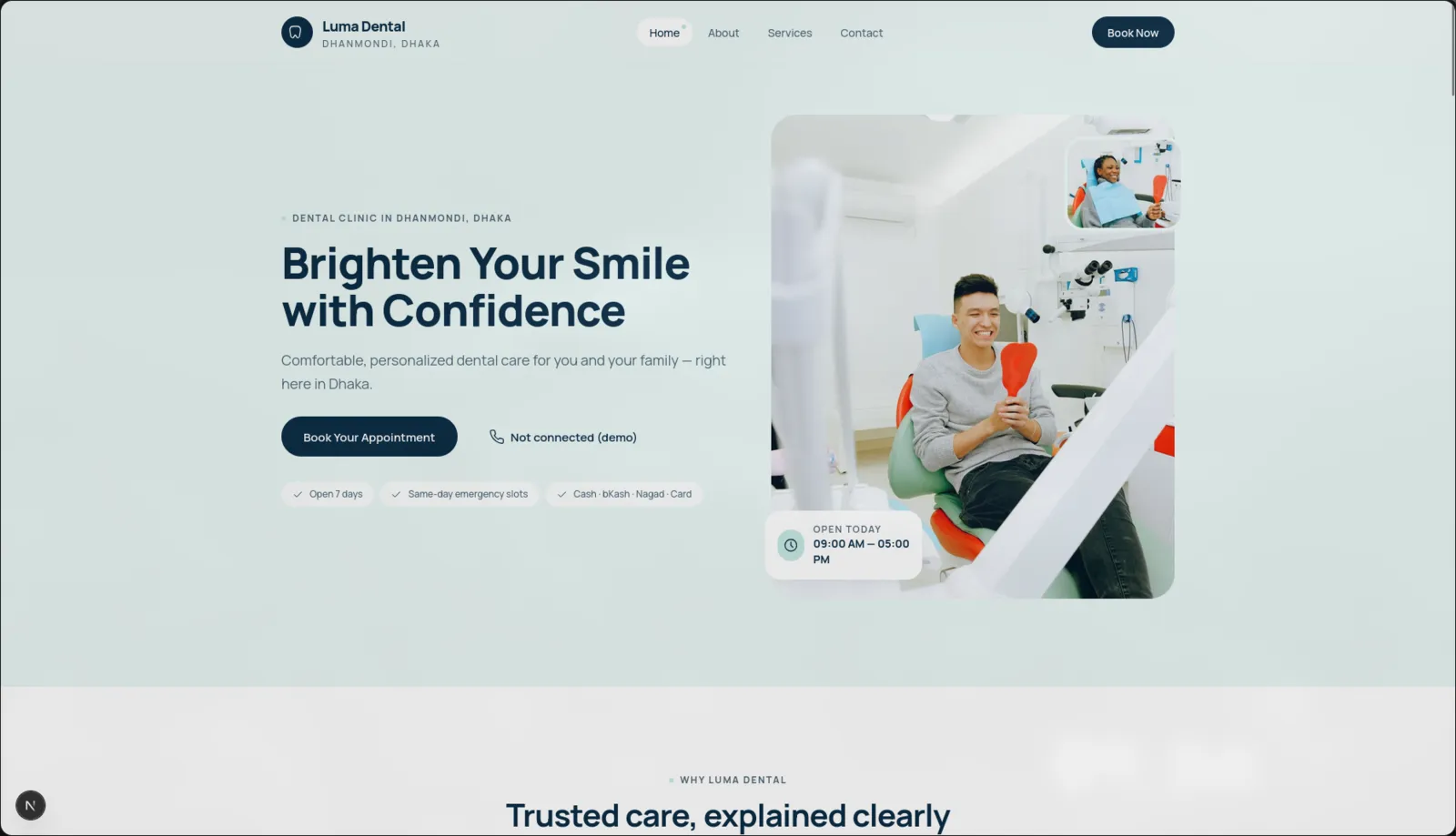 Luma Dental clinic homepage with appointment booking and clinic hours